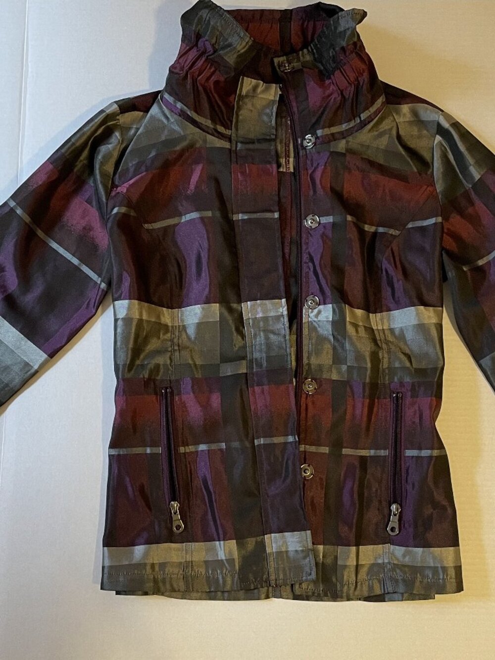 Cache Purple Plaid Satin Snap Front Jacket XS